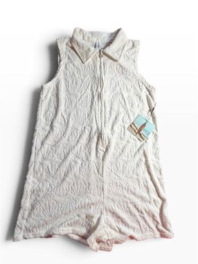 SHADY BEACH white textured shells design cotton 1/2 zip beach cover up romper